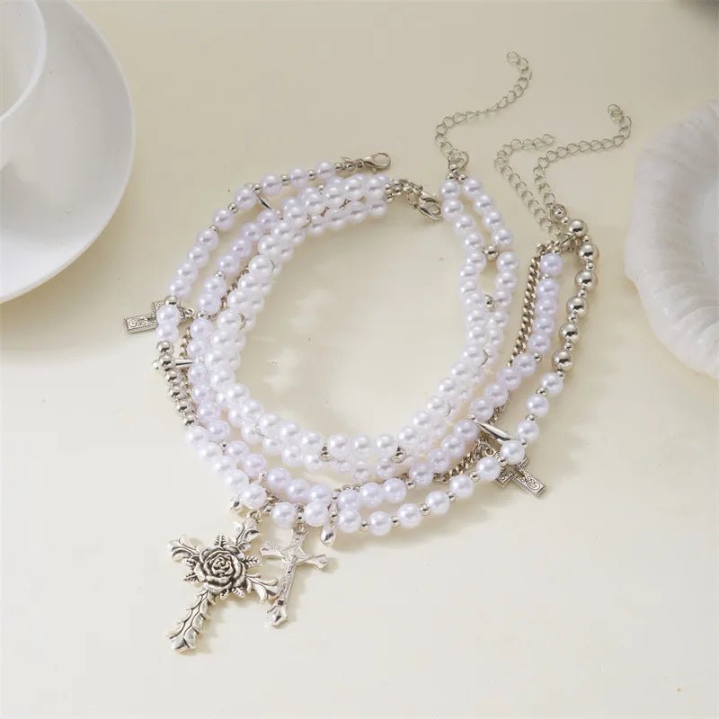Multi - Layer Cross - Over Fake Pearl Necklace Popular Jewelry Clavicle Chain Accessory Luxury Minimalist High - End Geometric Pattern - RYZZ