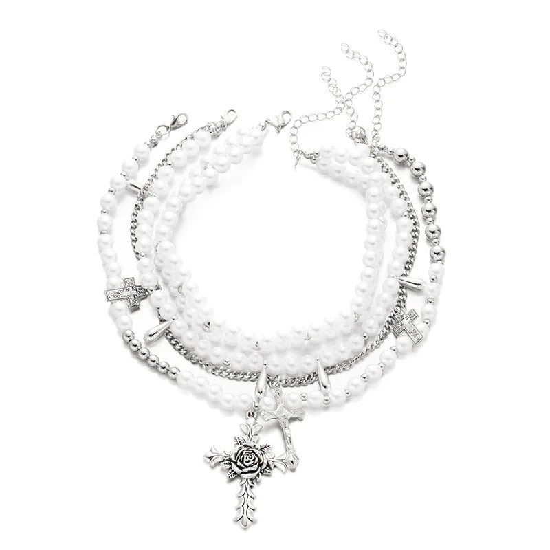 Multi - Layer Cross - Over Fake Pearl Necklace Popular Jewelry Clavicle Chain Accessory Luxury Minimalist High - End Geometric Pattern - RYZZ