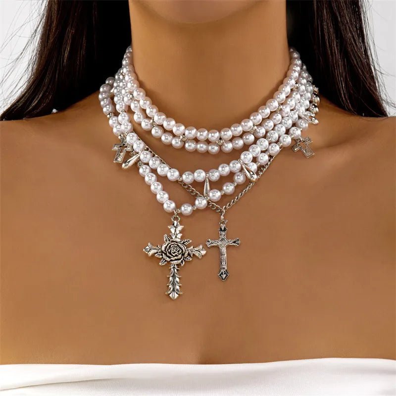 Multi - Layer Cross - Over Fake Pearl Necklace Popular Jewelry Clavicle Chain Accessory Luxury Minimalist High - End Geometric Pattern - RYZZ
