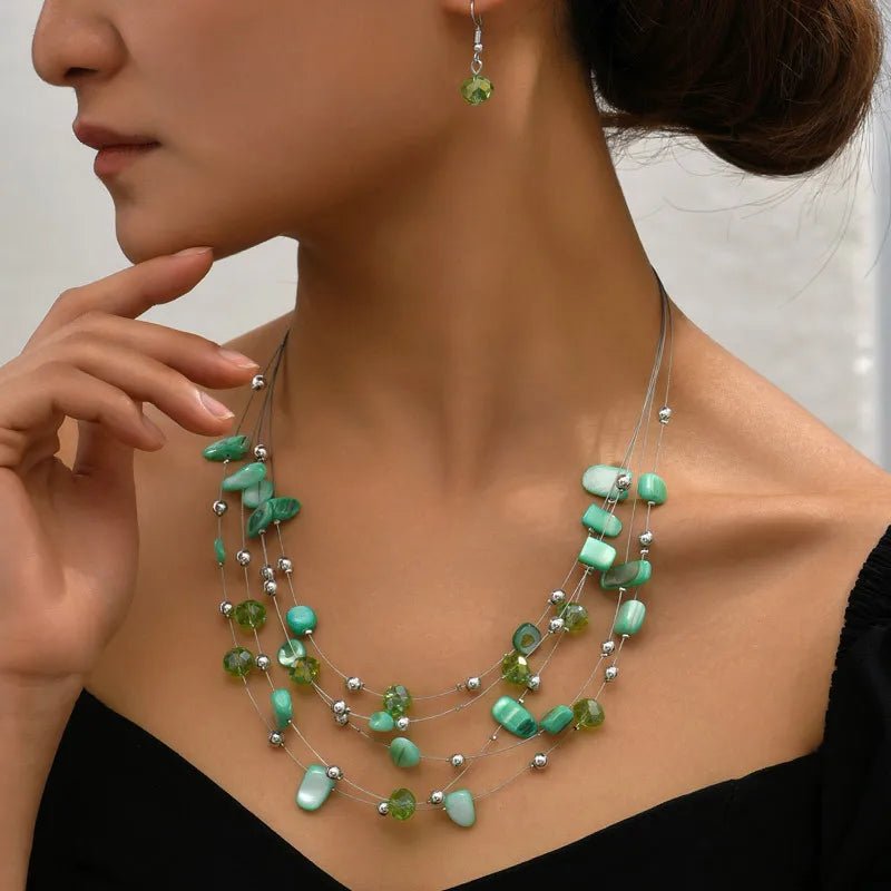 Round Shell Patchwork Earrings Necklace Set Glittering Jewelry Set Shell Green Color - RYZZ