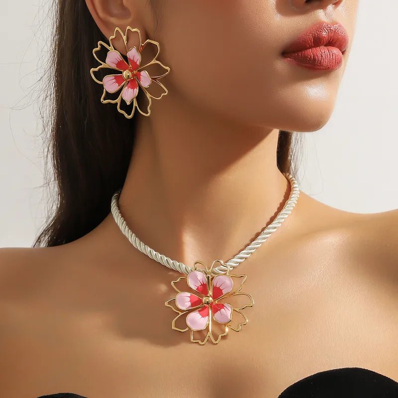 Pink Retro Exaggerated Flower Alloy Women's Jewelry Set - Necklace and Earrings - RYZZ