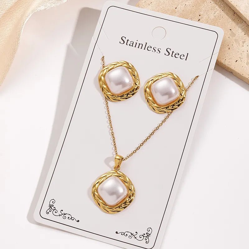 Water - Plated Rhombus Shaped Pearl Necklace Earring Set 304 Stainless Steel Jewelry Set For Women Casual Holiday Modern Style - RYZZ