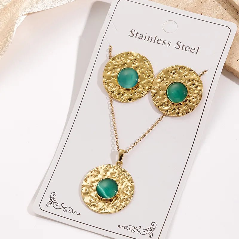 Water - Plated Cat's Eye Round Necklace Earring Set 304 Stainless Steel Jewelry Set For Women Casual Holiday Modern Style - RYZZ