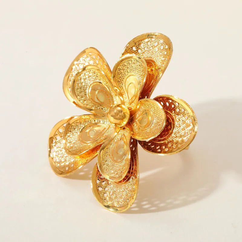 Elegant Open Ring With Embedded Zircon Flowers In 18K Gold Plated Stainless Steel For Casual Selfie Street Style Jewelry - RYZZ