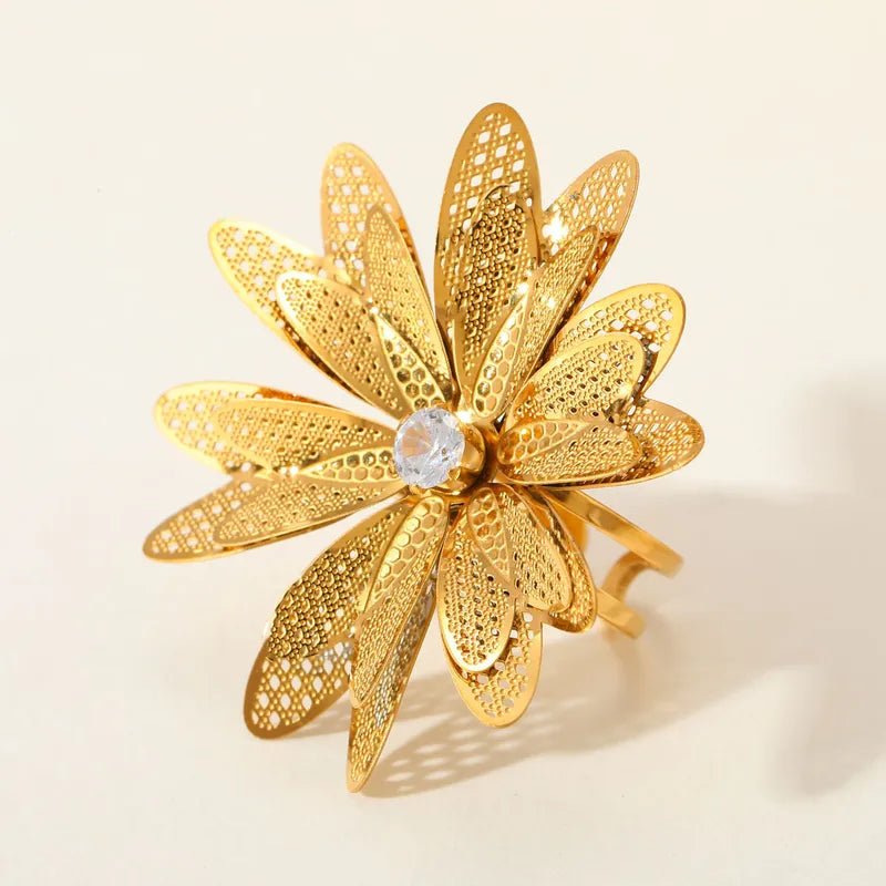 Anti Tarnish Elegant Free Size Ring With Embedded Zircon Flowers In 18K Gold Plated Stainless Steel - RYZZ
