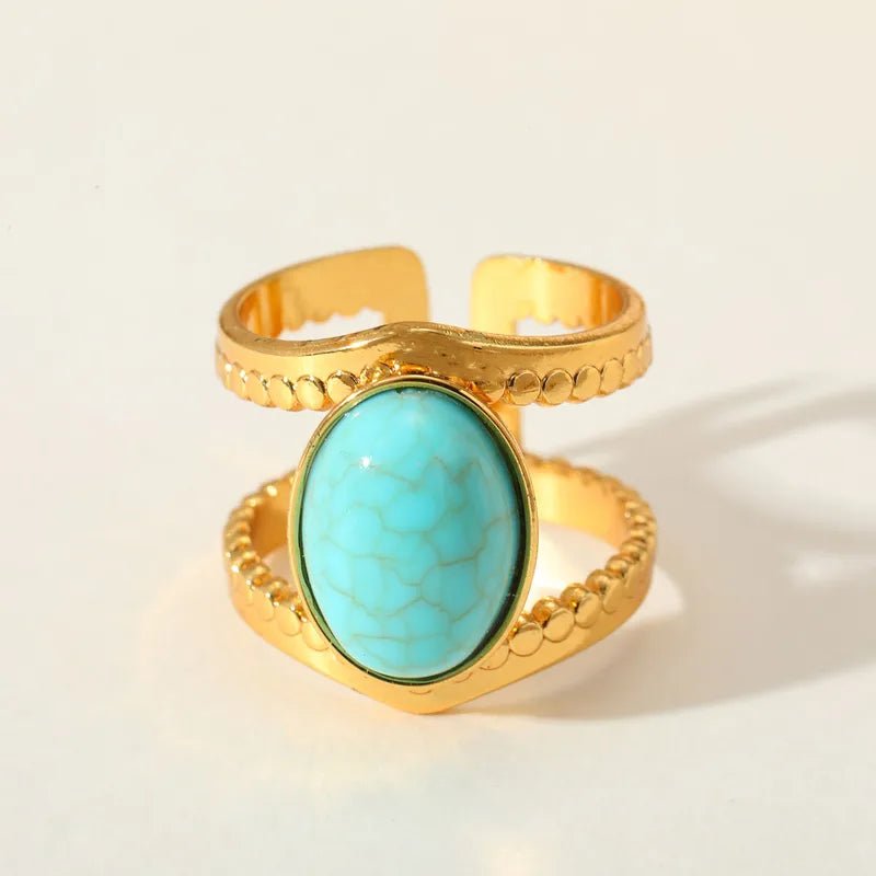 Elegant Luxury Open Ring Set With Turquoise Stone Oval Shape Stainless Steel 18K Gold Plated Adjustable Size For Women - RYZZ