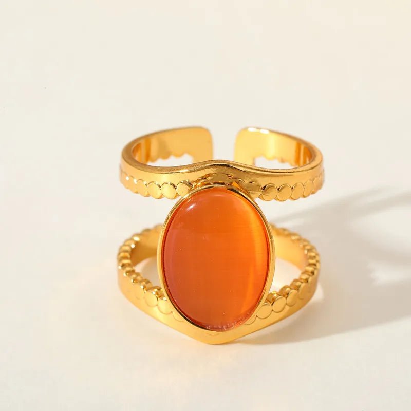 Elegant Luxury Open Ring Set With Cat's Eye Stone Oval Shape Stainless Steel 18K Gold Plated Adjustable Size For Women - RYZZ