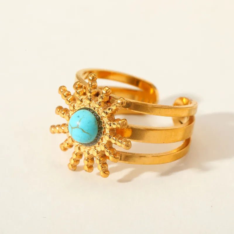 Elegant Luxury Stainless Steel 18K Gold Plated Imitation Turquoise Sun Open Ring Fashionable Adjustable Size Turquoise Embedded Ring - RYZZ