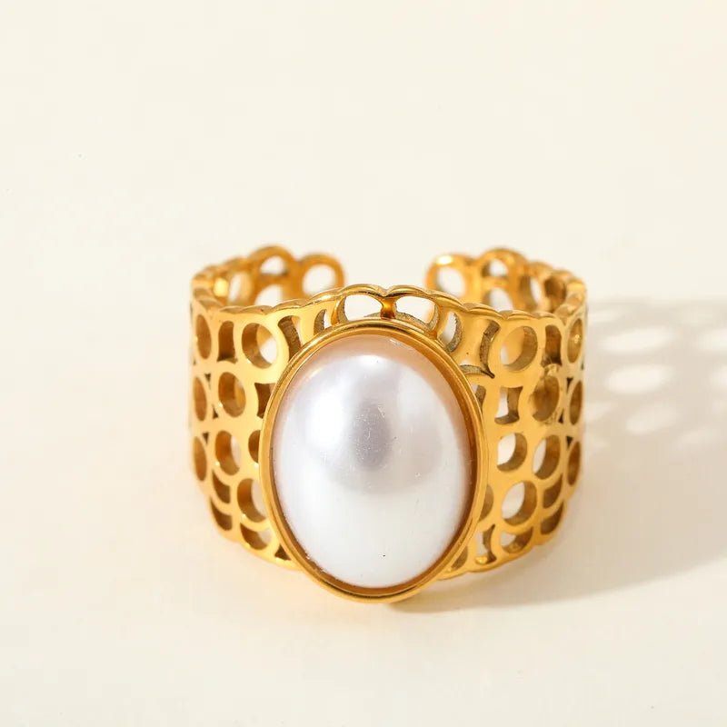 Elegant Luxury Stainless Steel 18K Gold Plated Imitation Pearl Open Fashionable Adjustable Size Pearl Embedded Ring - RYZZ