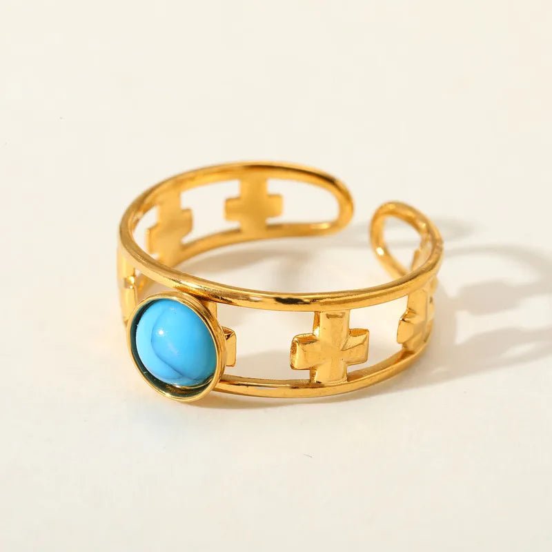 Elegant Luxury Stainless Steel 18K Gold Plated Imitation Turquoise Fashionable Adjustable Size Turquoise Embedded Ring - RYZZ