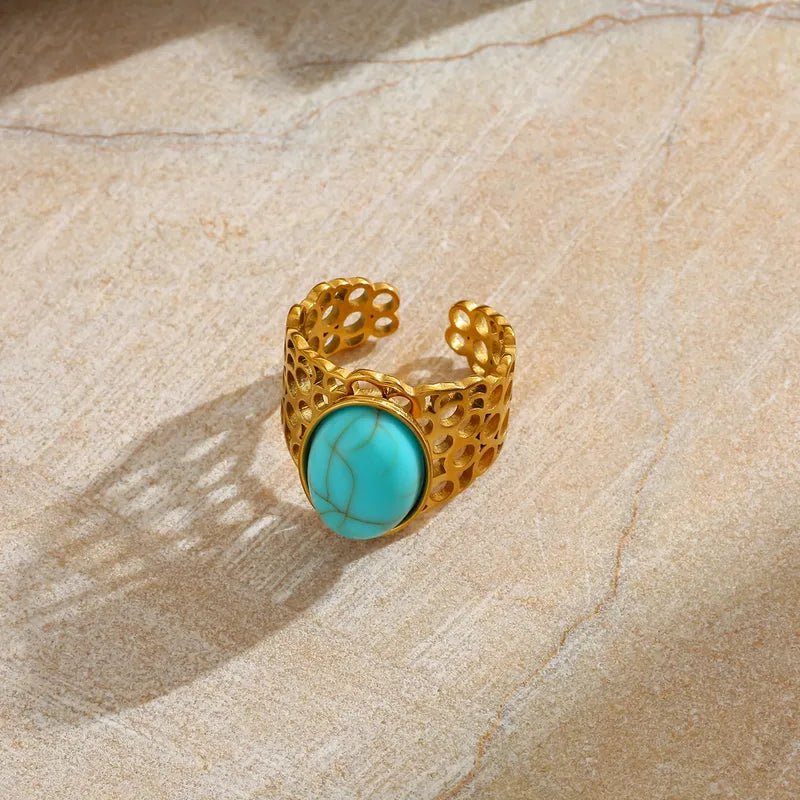 18K Gold Plated Stainless Steel Adjustable Ring With Imitation Turquoise Inlay Geometric Pattern Elegant Vintage Style Ring - RYZZ