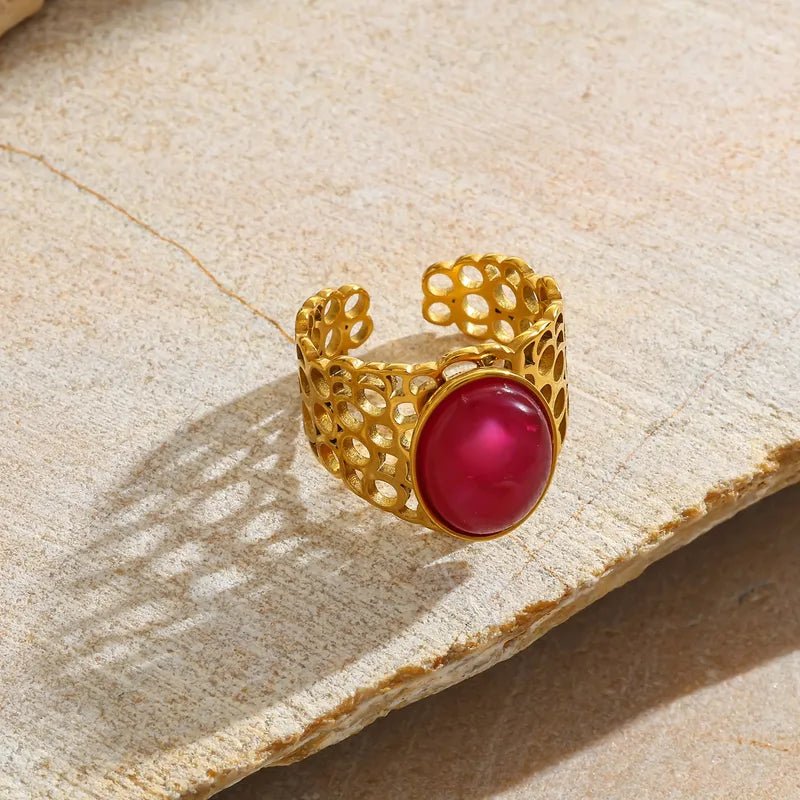 Elegant 18K Gold Plated Stainless Steel Adjustable Ring With Natural Stone Inlay Geometric Pattern Elegant Vintage Style Ring - RYZZ
