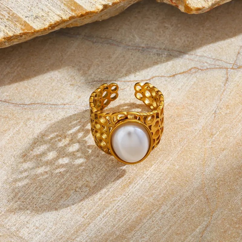 18K Gold Plated Stainless Steel Open Ring With Imitation Pearl Inlay Geometric Pattern Elegant Vintage Style Ring - RYZZ