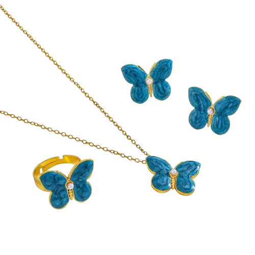 Blue Romantic 18K Gold Plated Butterfly Pendant Necklace, Earring and Adjustable Ring With Imitation Pearl Elegant Casual Fashion Jewelry Set For Women - RYZZ