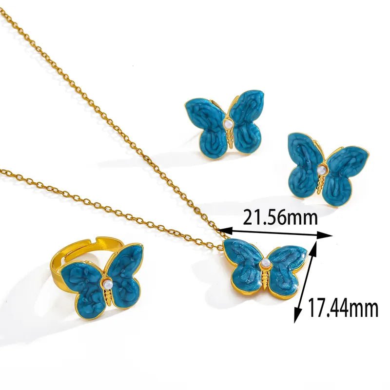 Blue Romantic 18K Gold Plated Butterfly Pendant Necklace, Earring and Adjustable Ring With Imitation Pearl Elegant Casual Fashion Jewelry Set For Women - RYZZ