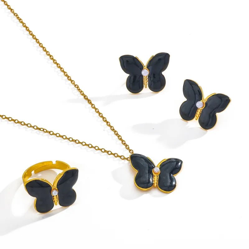 Black Romantic 18K Gold Plated Butterfly Pendant Necklace, Earring and Adjustable Ring With Imitation Pearl Elegant Casual Fashion Jewelry Set For Women (Copy) - RYZZ