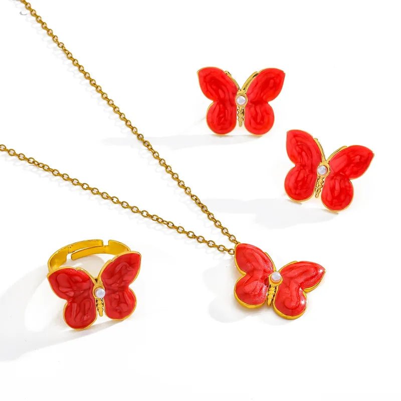Red Romantic 18K Gold Plated Butterfly Pendant Necklace, Earring and Adjustable Ring With Imitation Pearl Elegant Casual Fashion Jewelry Set For Women - RYZZ