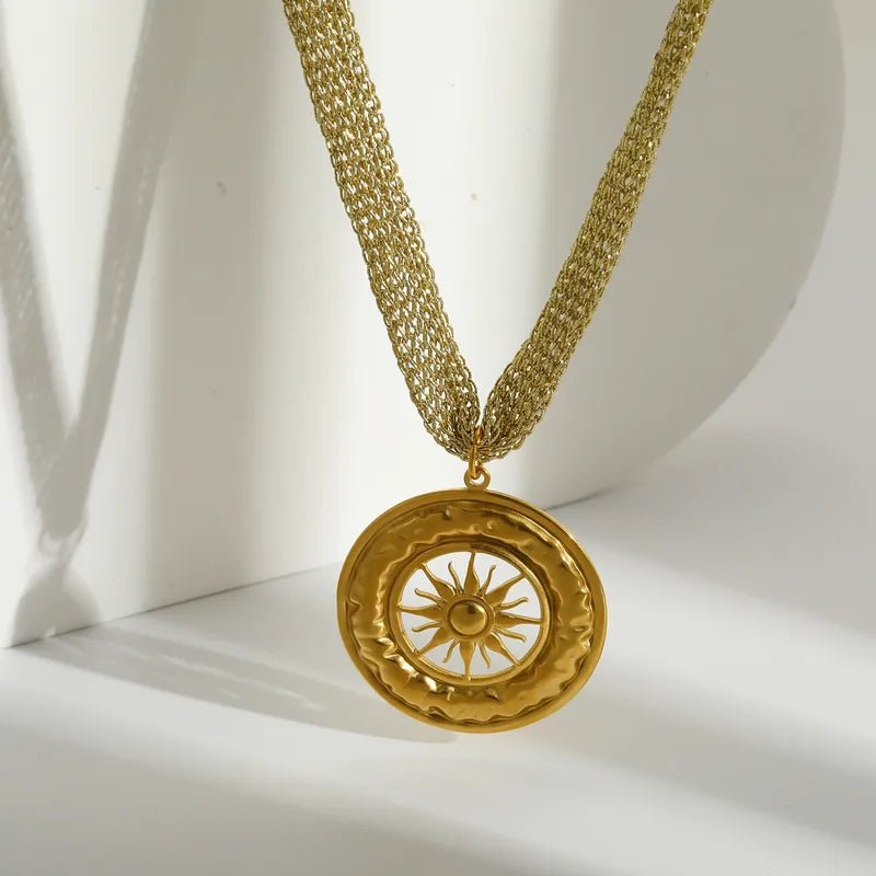 Luxury 18K Gold Plated Stainless Steel Sun Pendant Necklace With Brown Silk Rope Chain - RYZZ