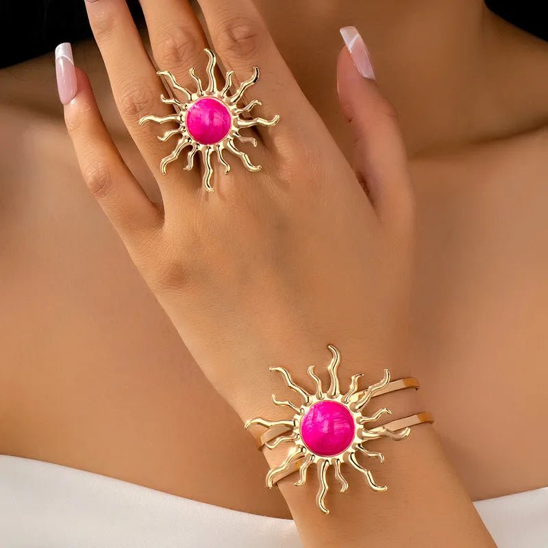 Sun Design Korean Jewelry Set Gold Plated Alloy - Bracelet and Adjustable Ring in Rose Red Colour - RYZZ
