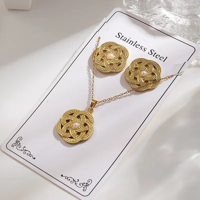 European And American Trendy Fashion In Style Gold - Plated Imitation Gold 304 Stainless Steel Geometrical Earrings Necklace Set - RYZZ