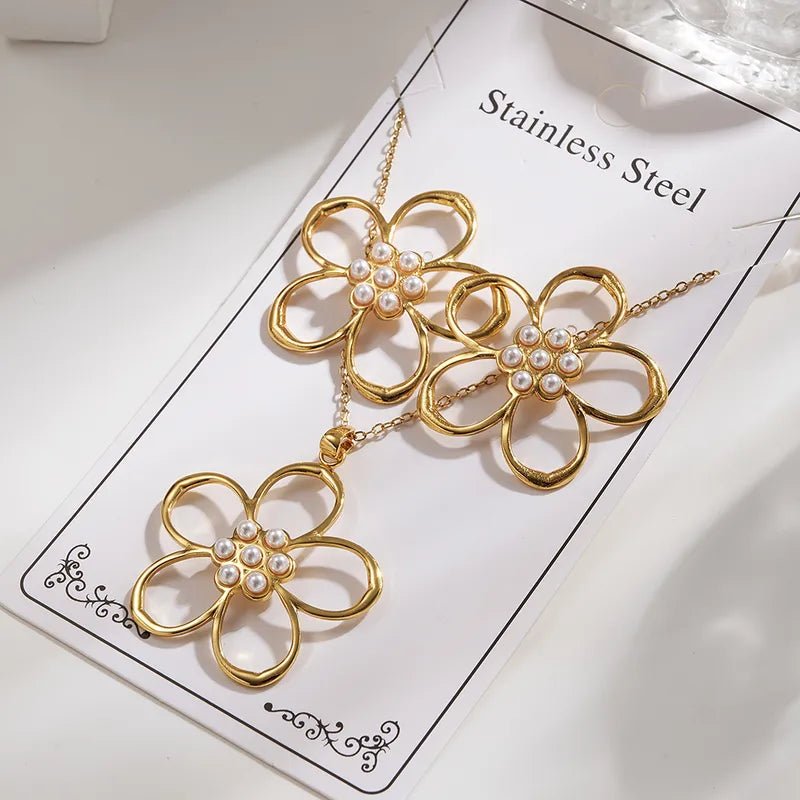 European And American Trendy Fashion In Style Gold - Plated Imitation Gold 304 Stainless Steel Hollow Flower Earrings Necklace Set - RYZZ
