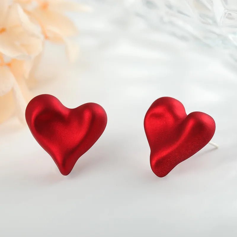 Red Matte Textured Heart Minimalistic Design Stud Earrings - RYZZ