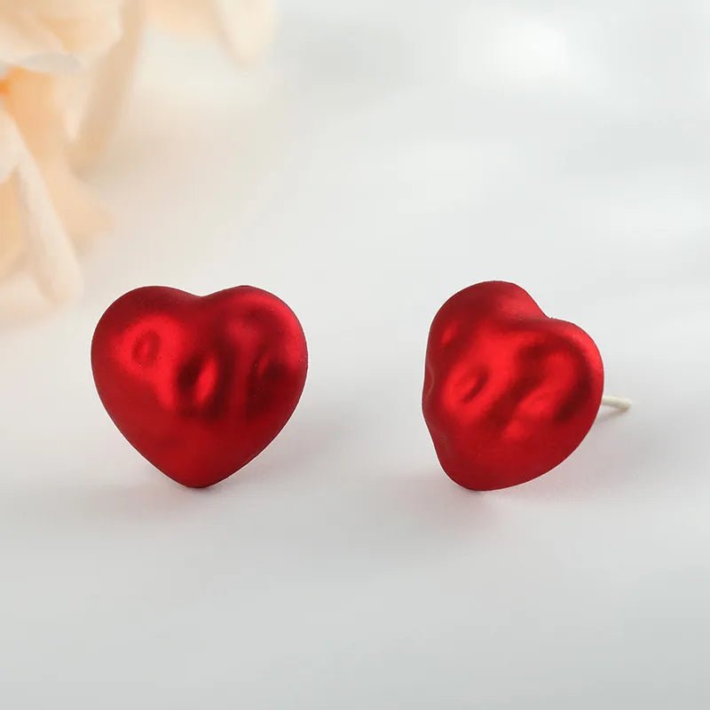 Red Matte Textured Heart Minimalistic Design Stud Earrings - RYZZ