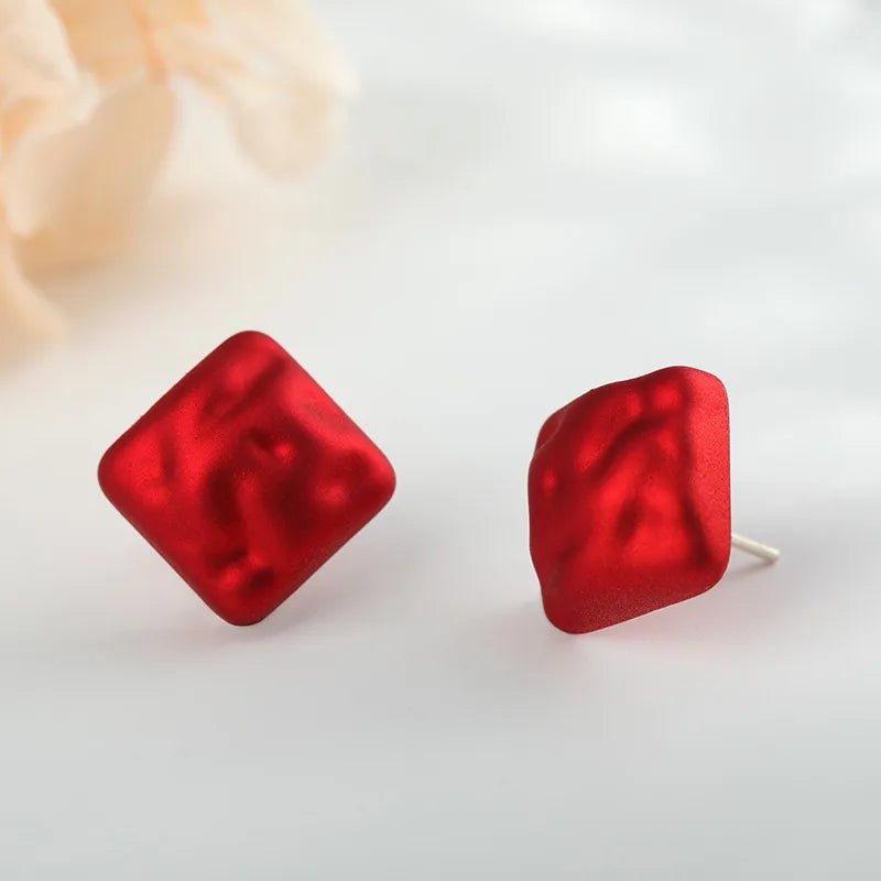Red Square Matte Earrings Chinese Style Vintage Women's Jewelry Fashionable Minimalist Personality Earrings - RYZZ