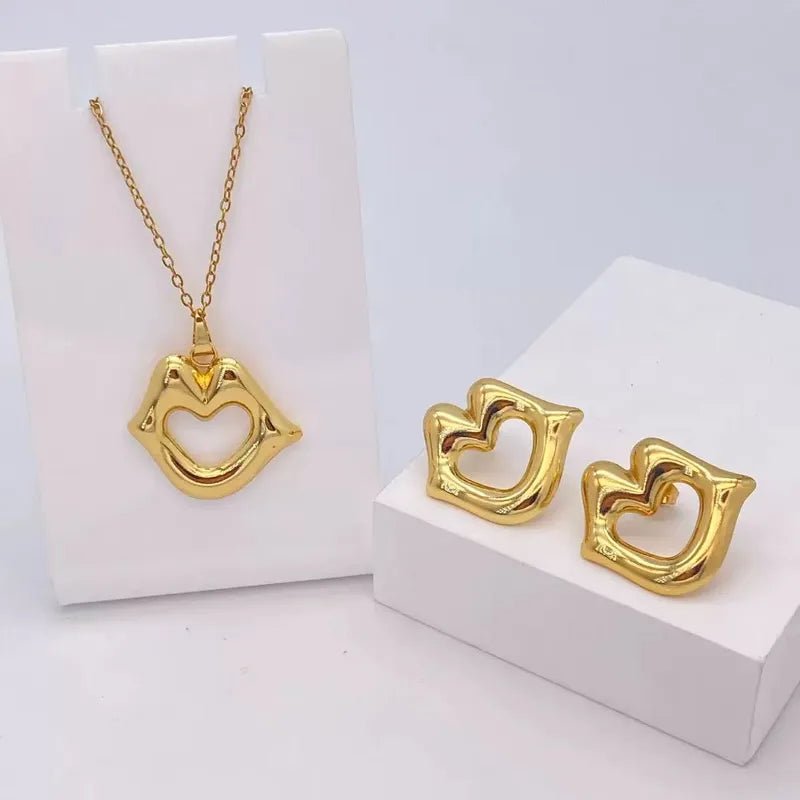 Water Plated Imitation Gold Tone Hot Selling 304 Stainless Steel Hot Lips Pattern Earrings Necklace Set - RYZZ
