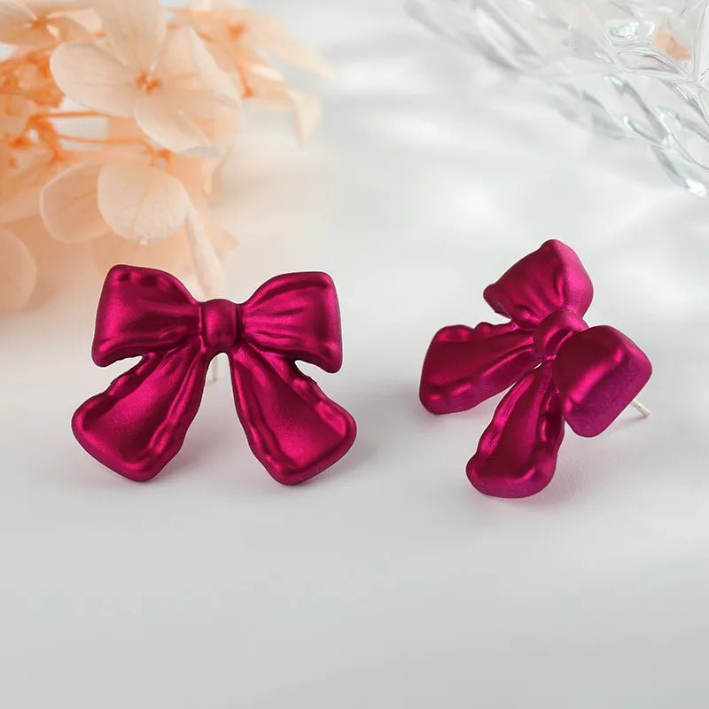 Maroon Bow Matte Earrings Chinese Style Vintage Women's Jewelry Fashionable Minimalist Personality Earrings - RYZZ