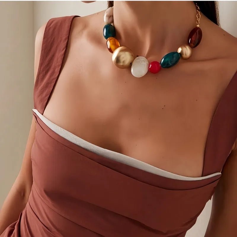 New European Style Fashion Double Layer Candy Color Crystal Choker Necklace Women's Jewelry Earrings Set Alloy Resin Geometric Pattern Irregular Design - RYZZ