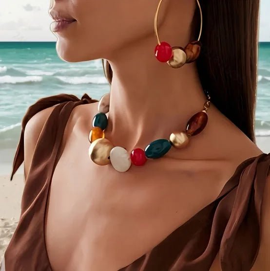 New European Style Fashion Double Layer Candy Color Crystal Choker Necklace Women's Jewelry Earrings Set Alloy Resin Geometric Pattern Irregular Design - RYZZ