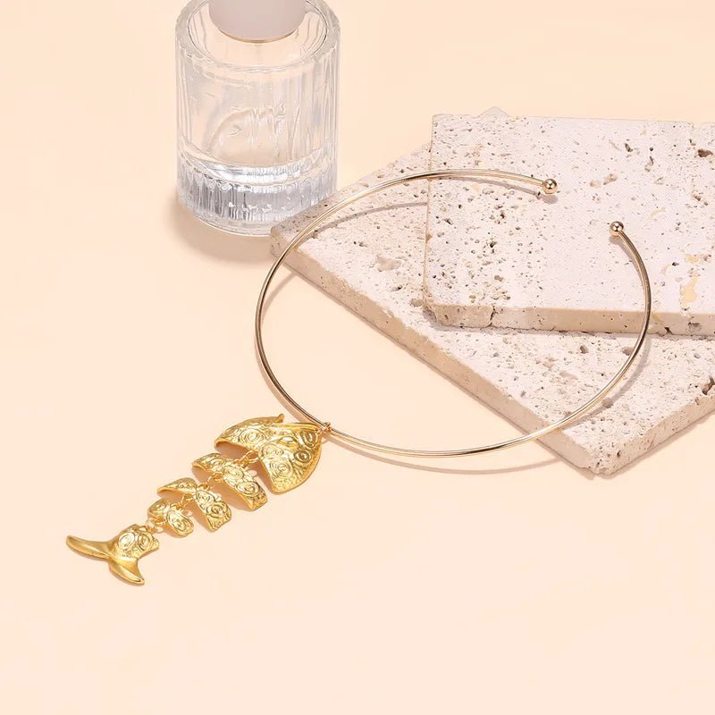 New Simple Alloy Fishbone Pendant Necklace Women's Fashion Exaggerated Ocean Style Jewelry Casual Occasion Electroplated Craft - RYZZ