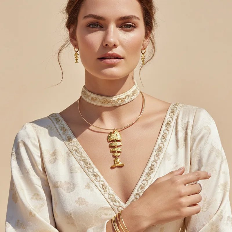 New Simple Alloy Fishbone Pendant Necklace Women's Fashion Exaggerated Ocean Style Jewelry Casual Occasion Electroplated Craft - RYZZ