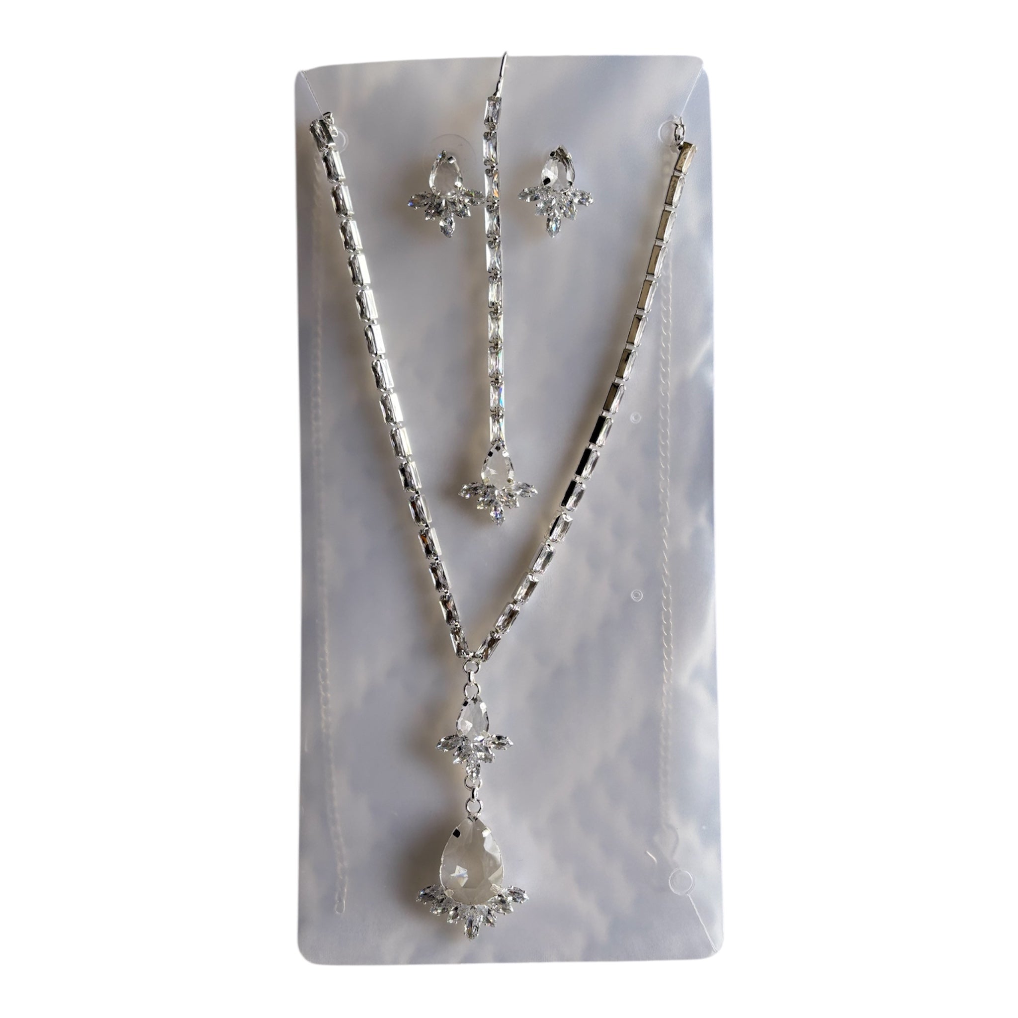 Cubic Zirconia Chain Necklace Pendant Earrings and Maang Tikka Set in Silver Finish Alloy Base - RYZZ