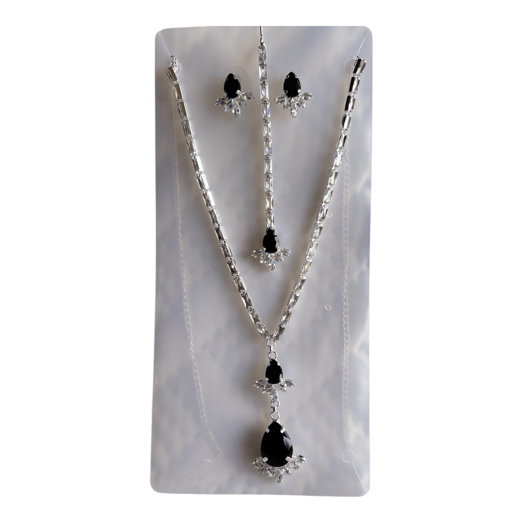 Black Stone Cubic Zirconia Chain Necklace Pendant Earrings and Maang Tikka Set in Silver Finish Alloy Base - RYZZ