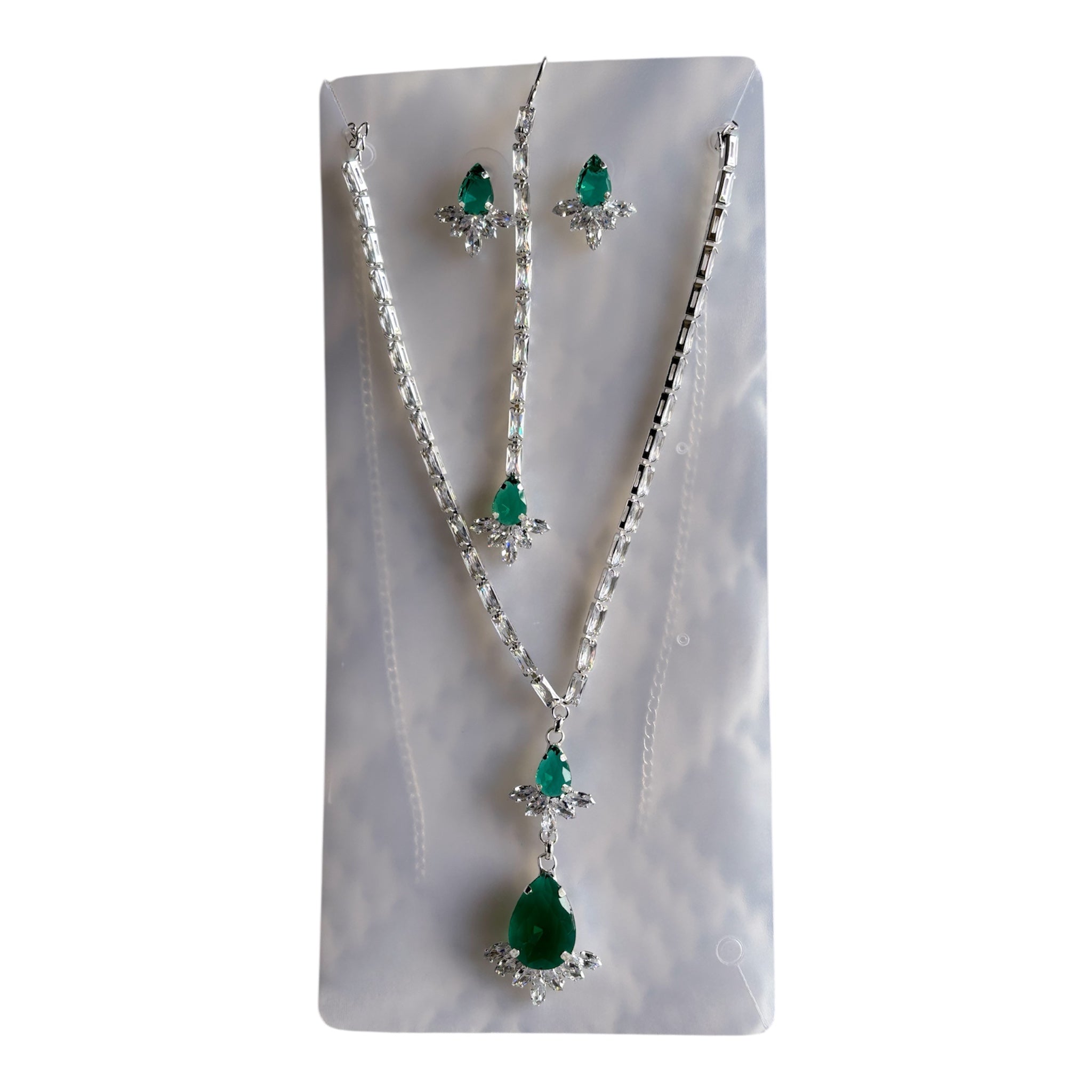 Green Stone Cubic Zirconia Chain Necklace Pendant Earrings and Maang Tikka Set in Silver Finish Alloy Base - RYZZ