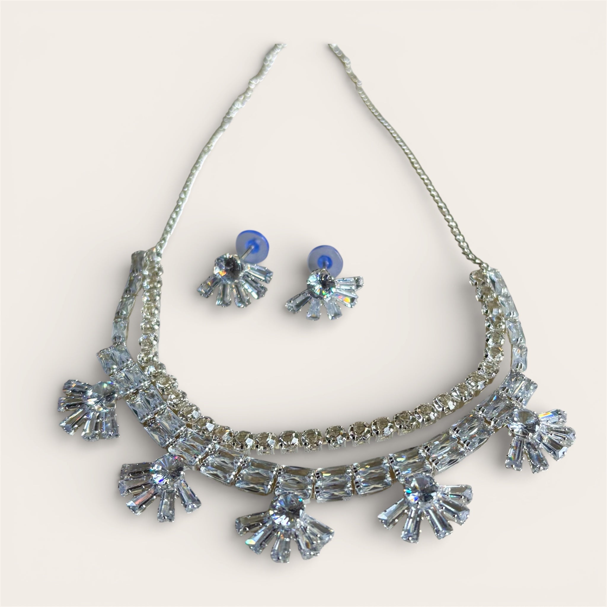 Silver Polish Necklace and Earrings American Diamond Set Cubic Zirconia Choker Set - RYZZ