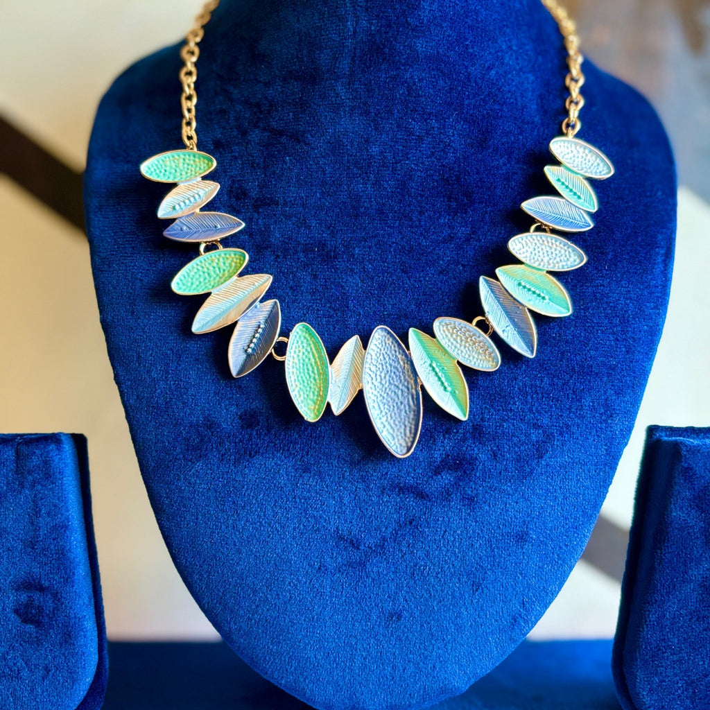 Multi Colour Necklace in Brass Leaf Like Designer Statement Jewellery - RYZZ