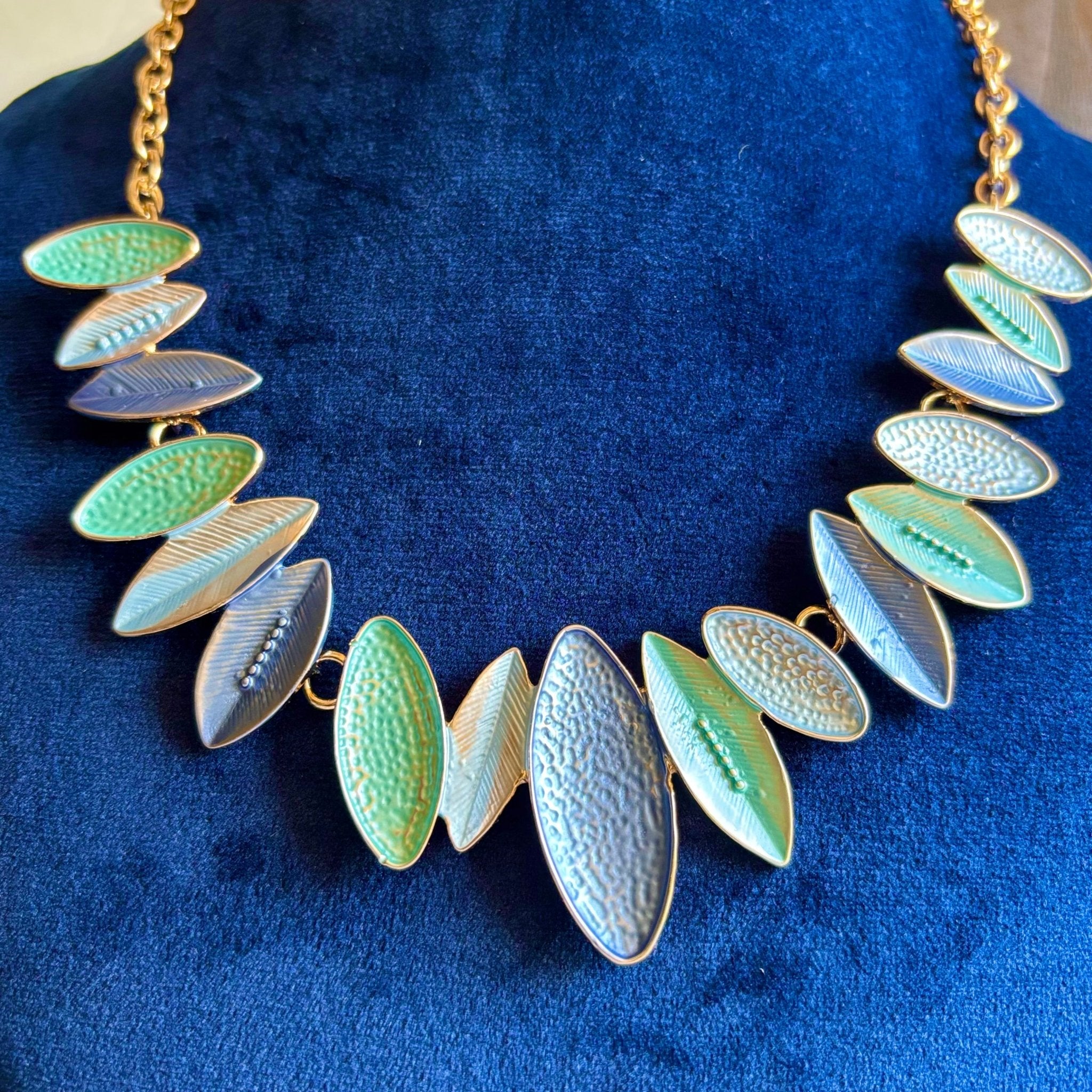 Multi Colour Necklace in Brass Leaf Like Designer Statement Jewellery - RYZZ