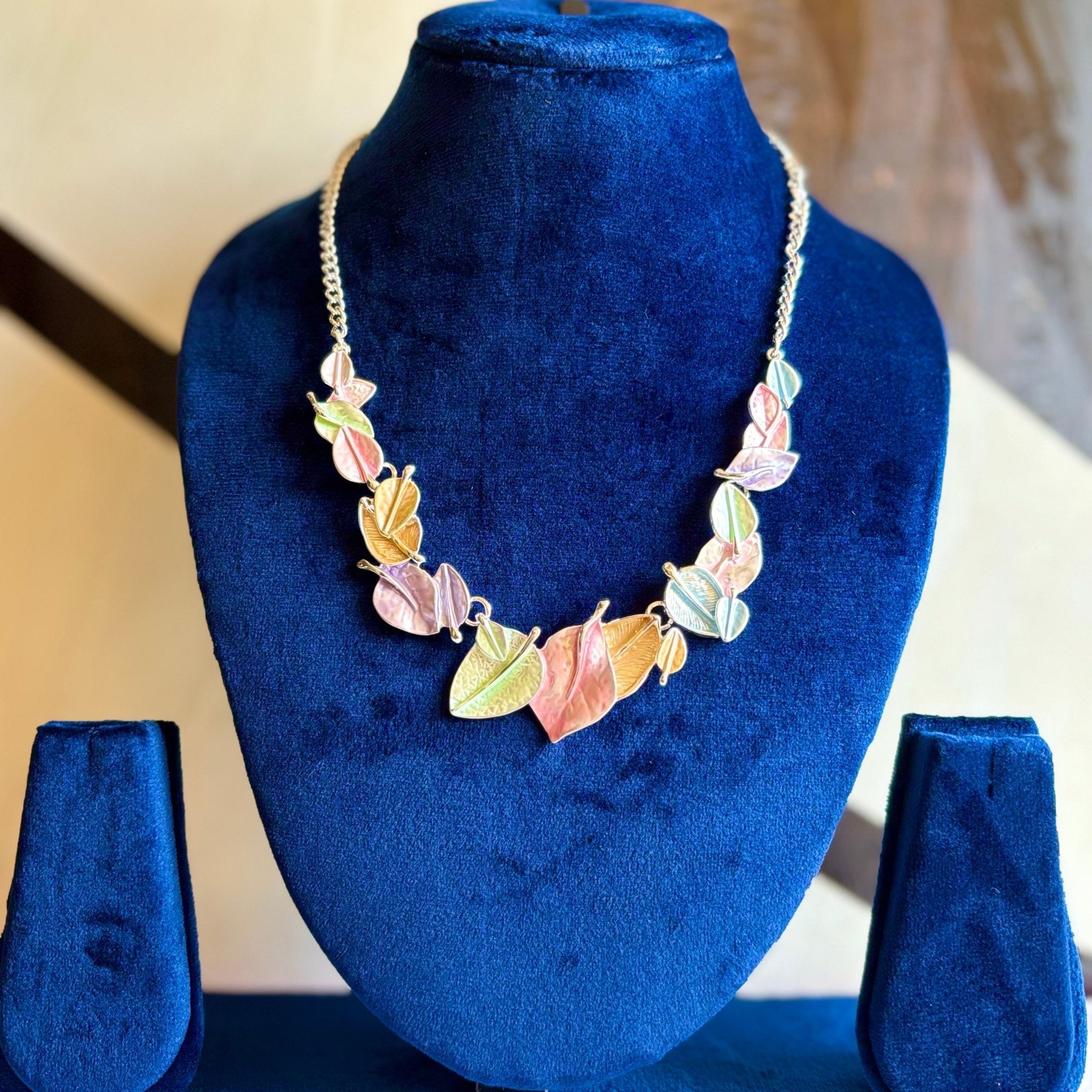 Multi Color Leaves Garland Neck Piece Set in Brass Statement Necklace for the Stunning Look - RYZZ