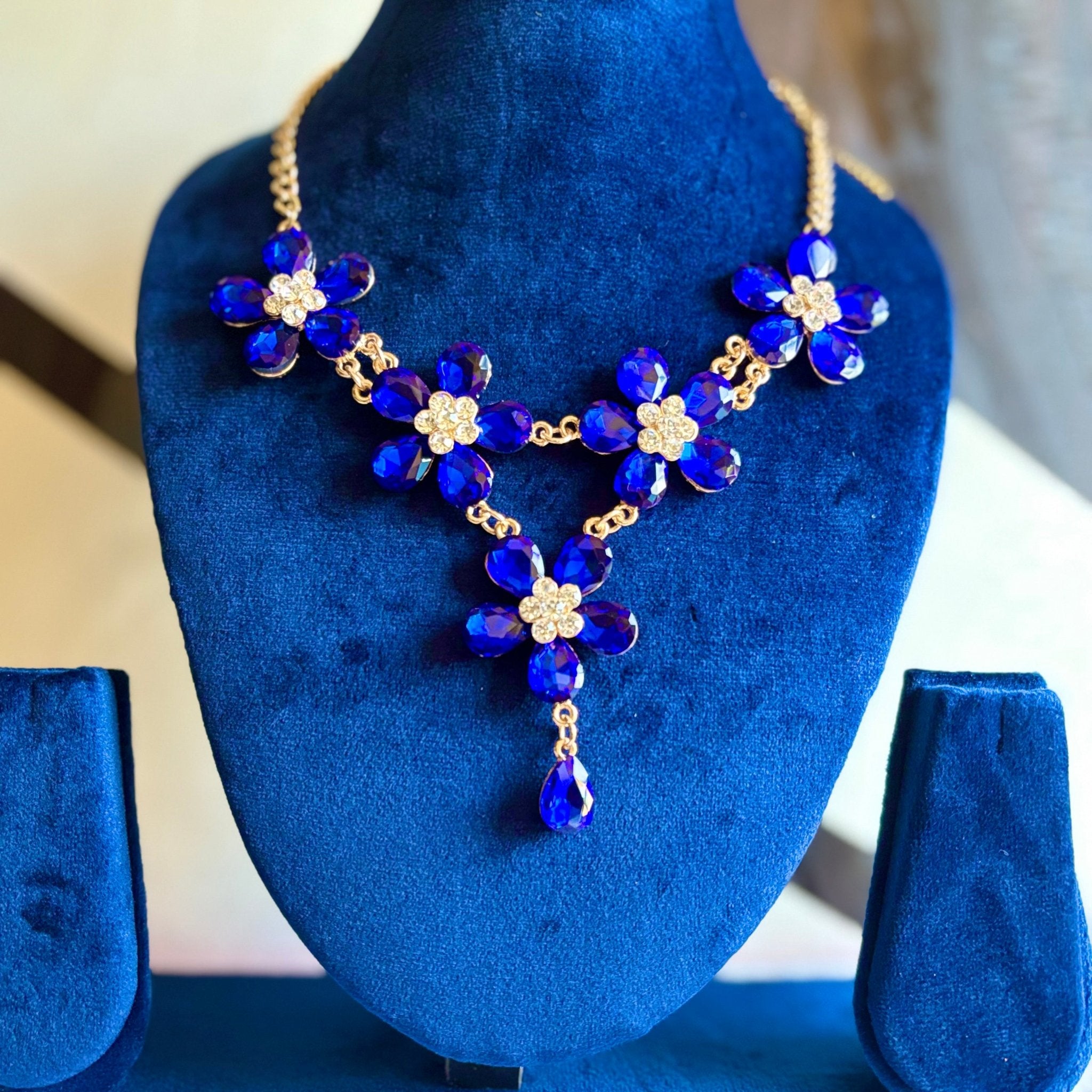 Navy Blue Floral Korean Designer Statement Necklace for the Stunning You - RYZZ