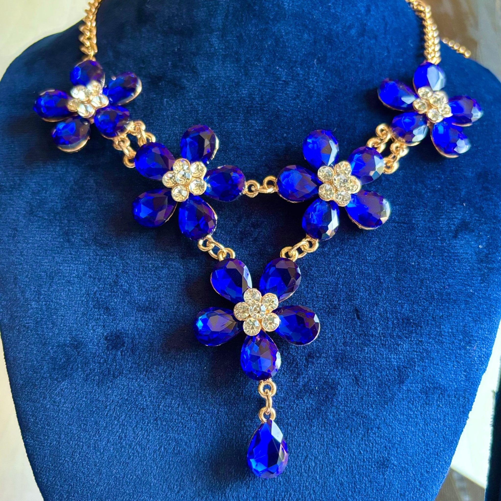 Navy Blue Floral Korean Designer Statement Necklace for the Stunning You - RYZZ