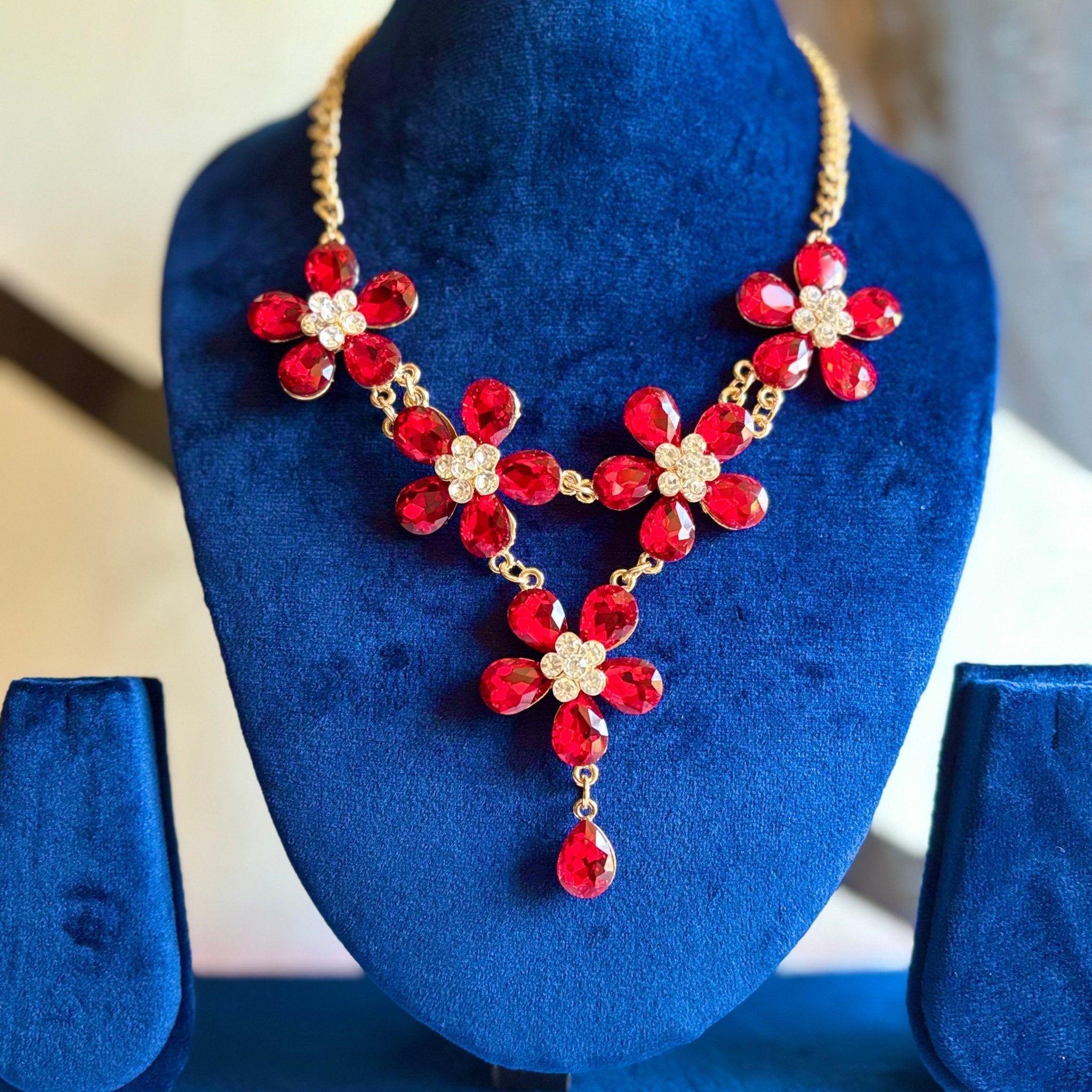 Red Floral Korean Designer Statement Necklace in Gold Accent for the Stunning You - RYZZ