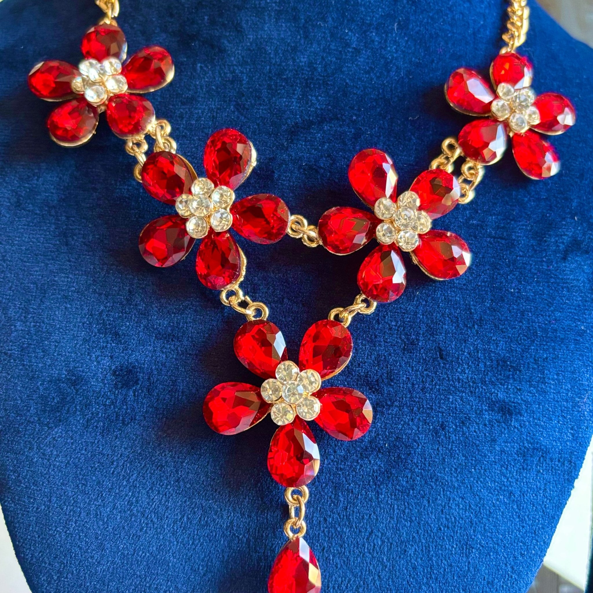 Red Floral Korean Designer Statement Necklace in Gold Accent for the Stunning You - RYZZ