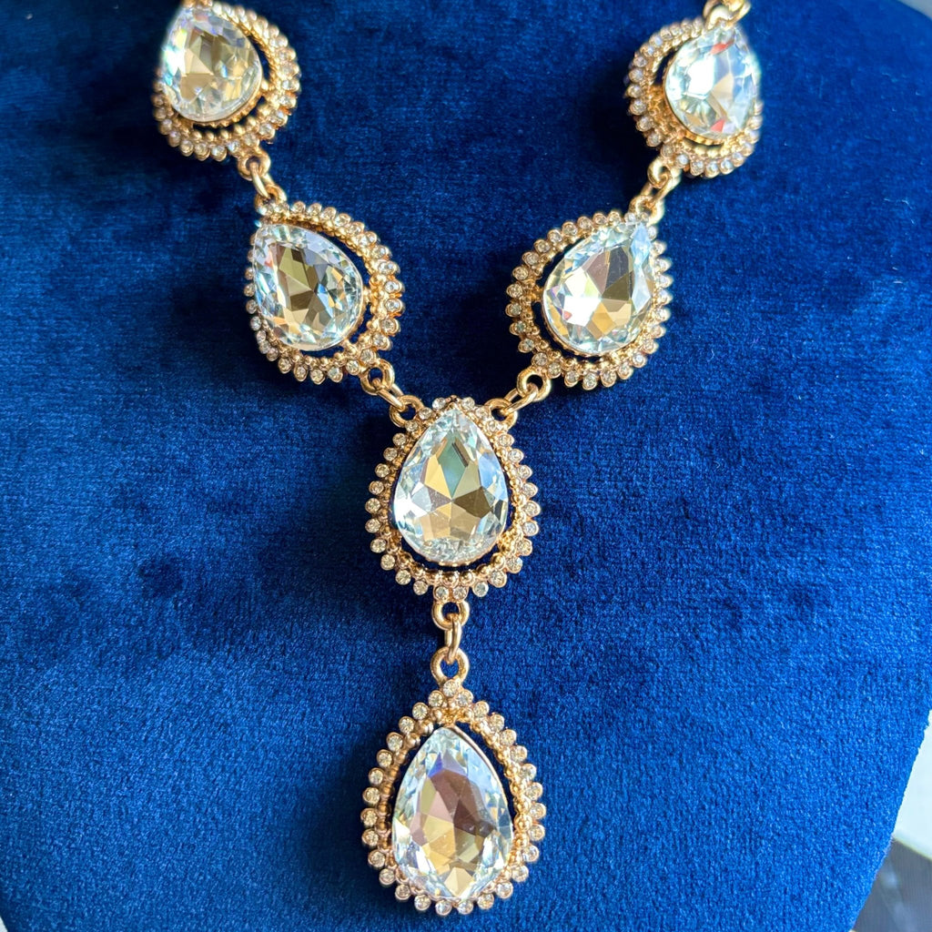 Lariat Design Silver Tone Statement Necklace in Brass Tear Drop Shaped Glass Crystals - RYZZ