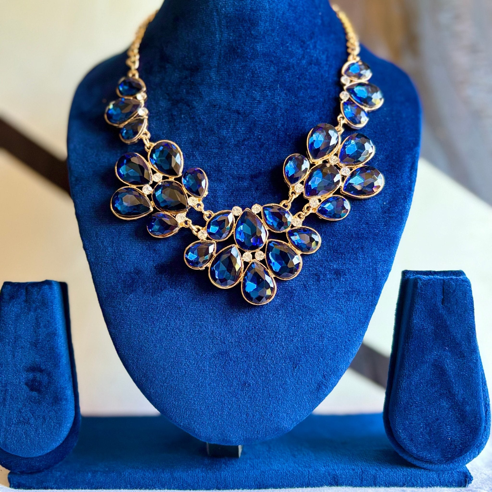 Blue Glass Crystals Brass Statement Necklace in Beautiful Design - RYZZ