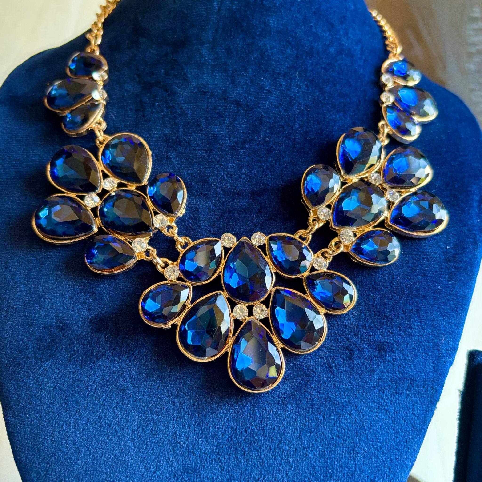 Blue Glass Crystals Brass Statement Necklace in Beautiful Design - RYZZ