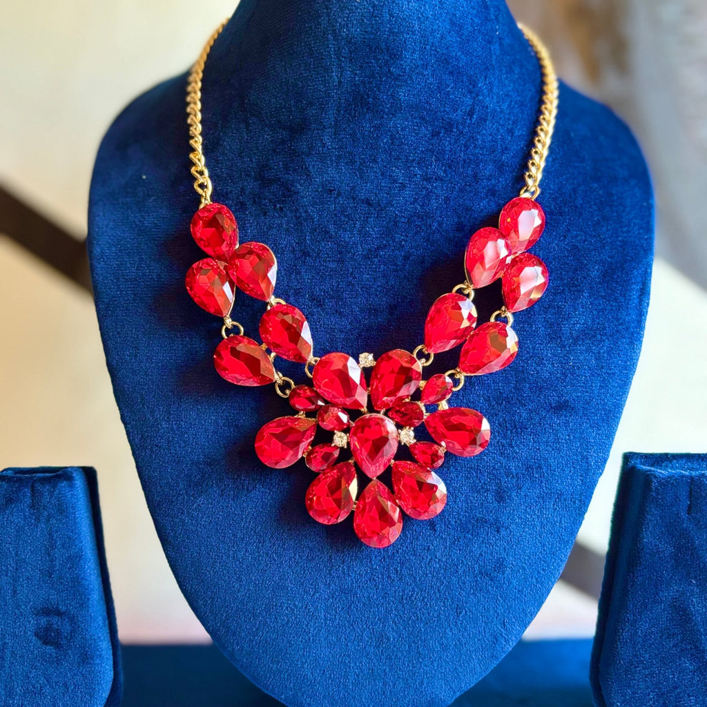Red Chunky Bold Brass Statement Necklace Party Wear Neck Piece - RYZZ