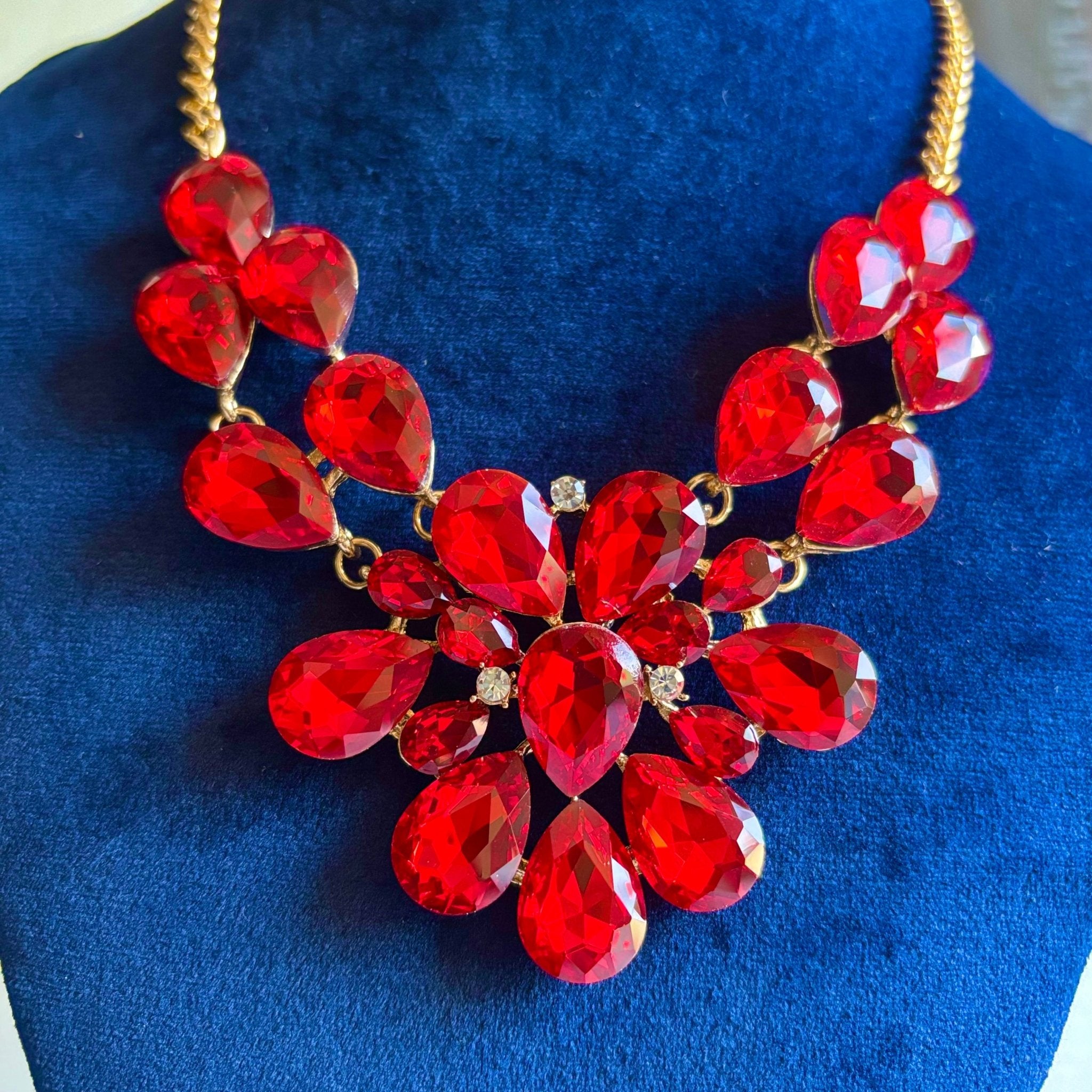Red Chunky Bold Brass Statement Necklace Party Wear Neck Piece - RYZZ